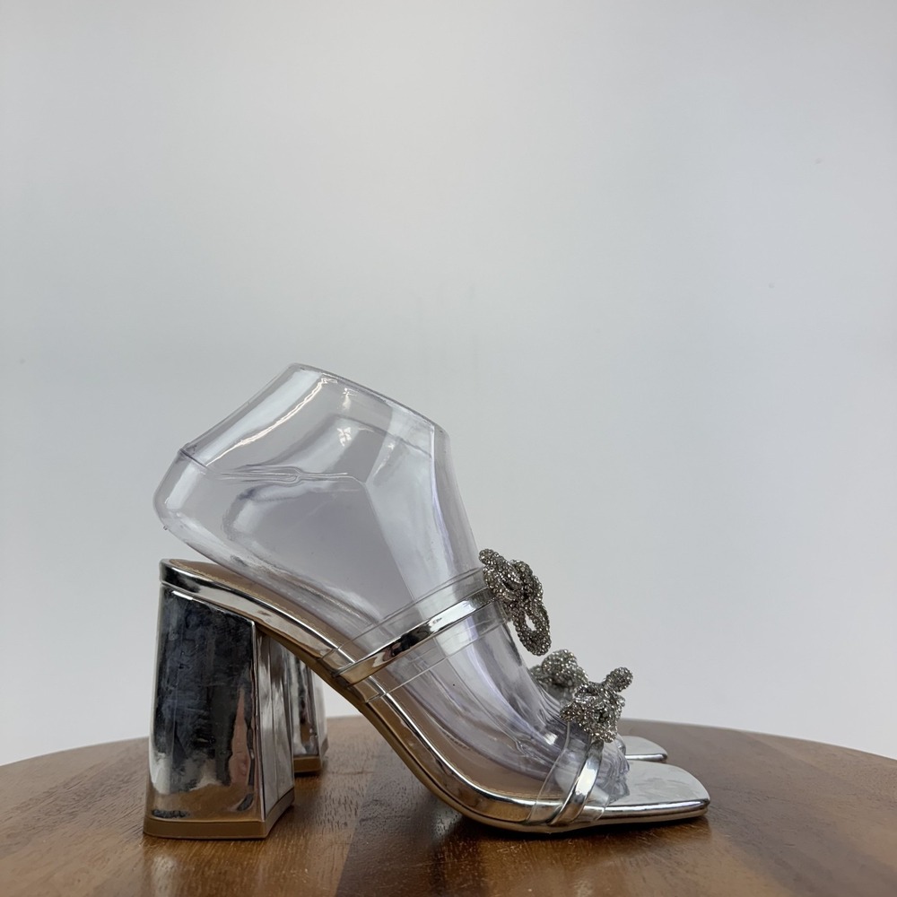 New Womens Abound Kitch Rhinestone Bow Silver Heeled Slide Sandals Size 6.5 M‎